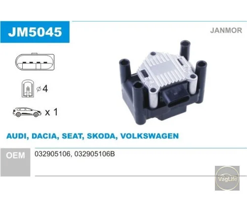 Котушка запалювання 032905106F (JM5045) для Skoda / VW / Audi / Seat (VAG)